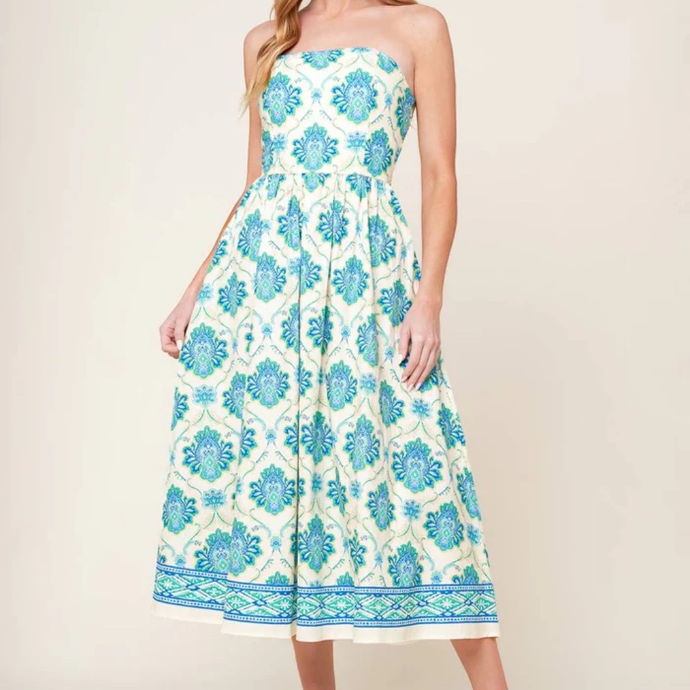 Flying Tomato Strapless Midi Dress in White with Blue & Teal Floral Print - Picture 5 of 8